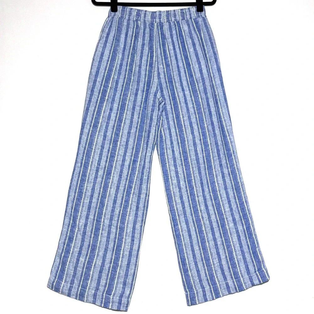 NEW Briggs Women M Linen Blend Wide Leg‎ Striped Pants Drawstring Casual Coastal